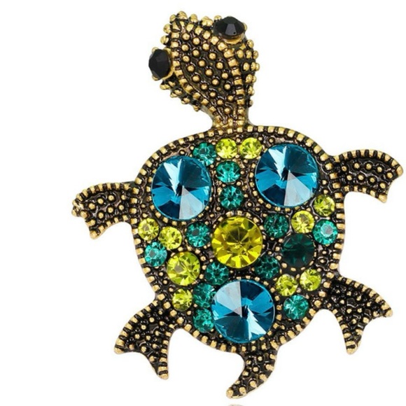 Blue, Green, & Gold, Crystal & Rhinestone Sea Turtle Brooch Pin - Picture 3 of 4